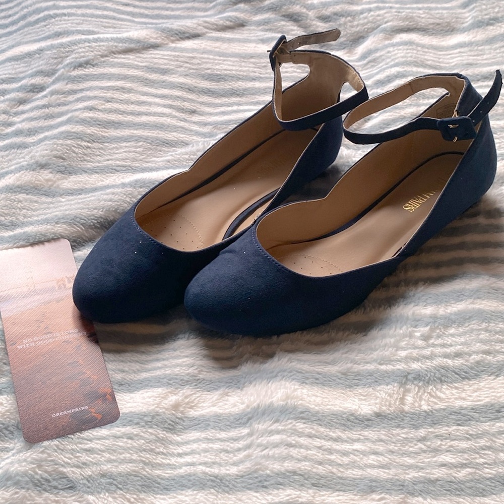 DREAM PAIRS Women's Revona Low Wedge Ankle Strap Flats in Navy Blue, Size 11